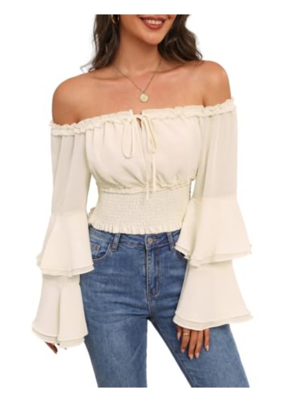 Off Shoulder Long Sleeve Renaissance Shirt Smocked Waist Chiffon Cropped Top